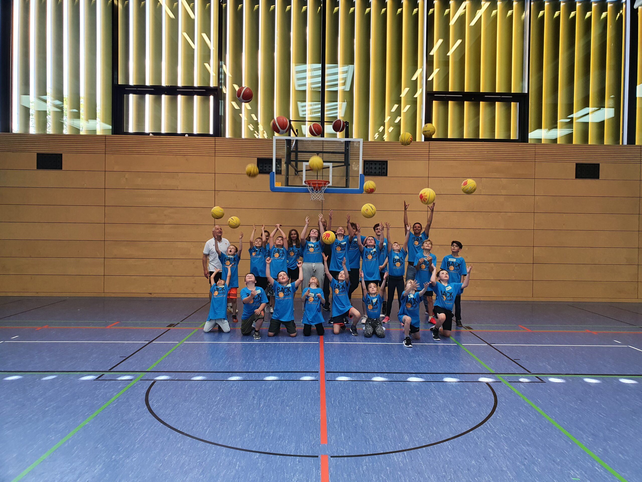 Gruppenbild Kinder und Trainer*innen mit Basketbällen