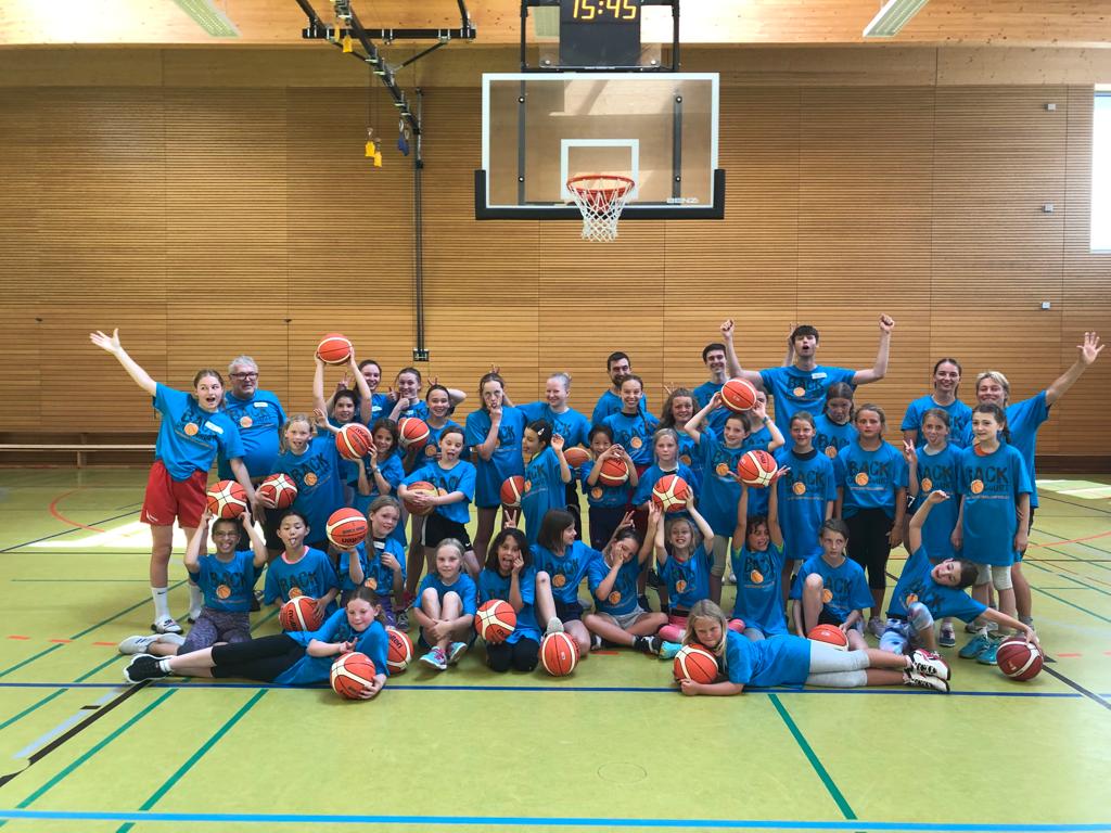 Gruppenbild Mädchen und Trainer*innen mit Basketbällen