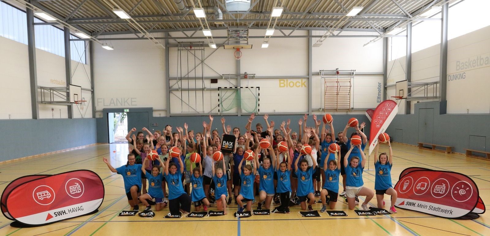 Gruppenbild jubelende Kinder mit Basketbällen