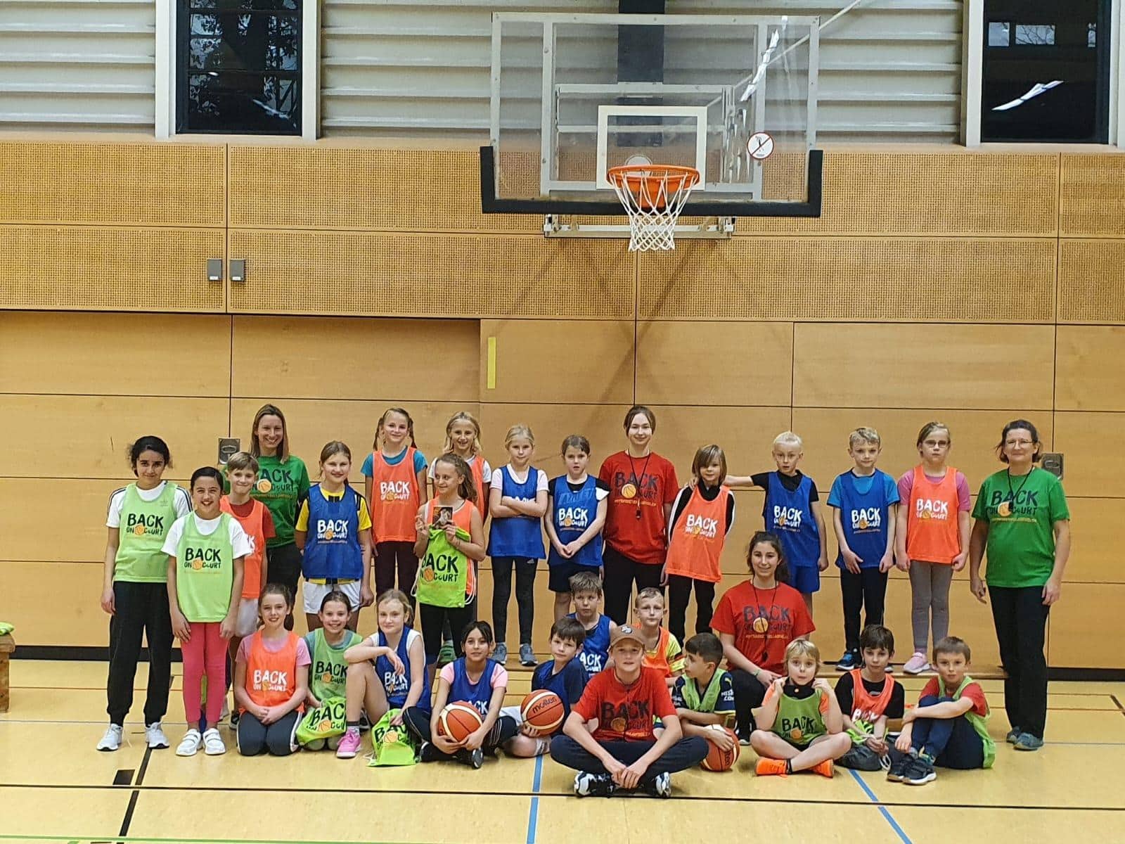 Gruppenbild Kinder und Trainer*innen mit Basketbällen